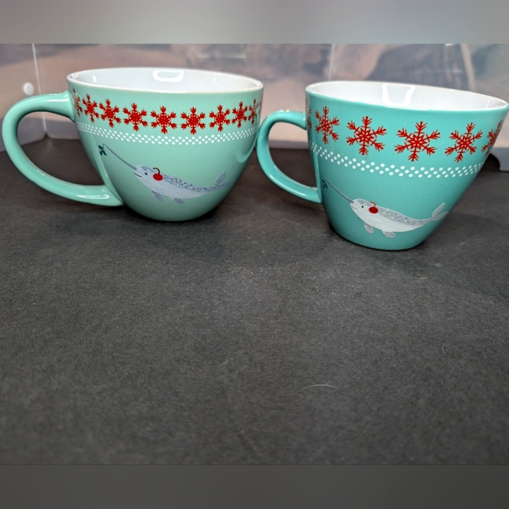 Abi Hall winter/Christmas narwhal 2 16oz robins egg blue ceramic coffee mugs